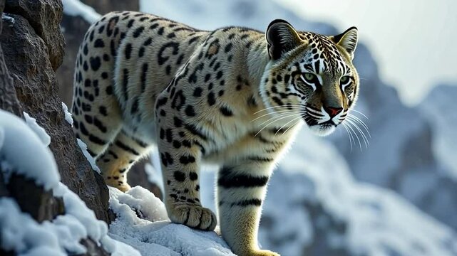 Majestic Snow Leopard Prowling Snowy Mountain Peaks: A Breathtaking Wildlife Encounter in the Himalayas