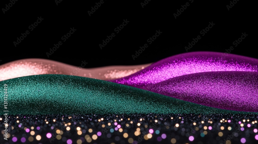 Poster a purple and green glittery surface with a black background. the glitter is in different colors and 