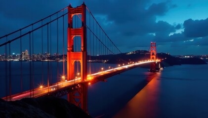 Fototapeta premium Golden Gate Bridge at night, blurred car lights streaming across, golden gate, travel