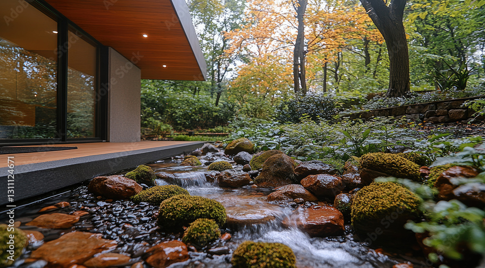 Poster serene small stream flows over smooth stones, surrounded by lush greenery and autumn foliage