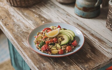 colorful plant-based meal, Rustic Plate of Healthy Quinoa Salad
