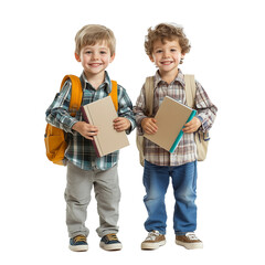 Ultra HD PNG portrait image of two children kids having books in hands wearing bag smiling at camera on transparent background