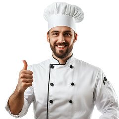 Ultra HD PNG portrait image of a chef smiling wearing apron and suit showing thumb like sign on camera on transparent background
