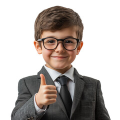 Ultra HD PNG portrait image of a cute smiling child wearing suit glasses and tie showing thumb like sign on camera on transparent background