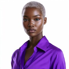 Person with dark cocoa skin, short silver hair in a crisp royal purple shirt, relaxed sway, smooth rich texture, full view, isolated on white background - Generative AI
