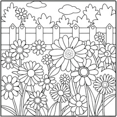 Black and White Garden Coloring Page: Detailed Floral Scene with Daisies, Fence, Clouds, and Leaves for Creative Fun