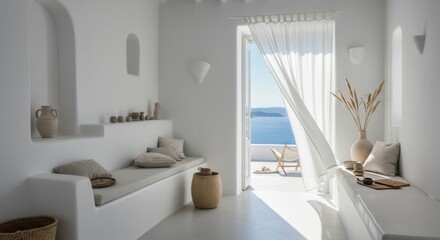 White Interior with Ocean View in Greece, Minimalist Design Concept