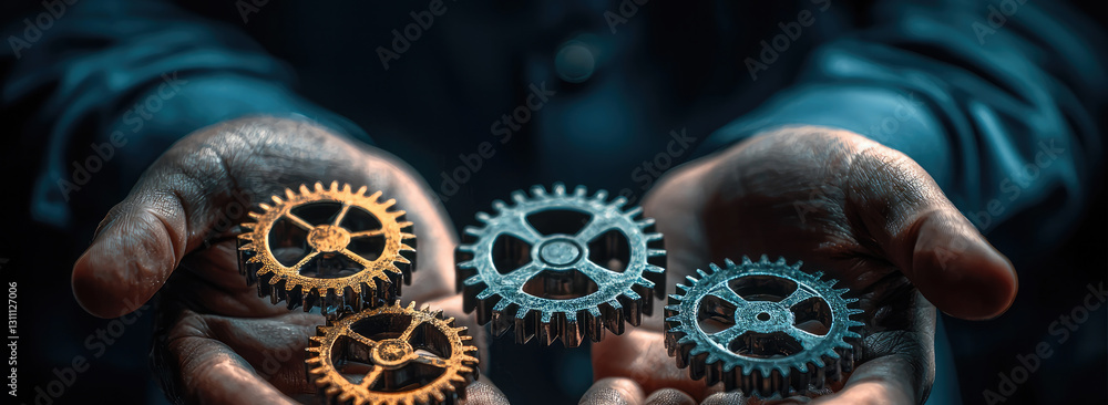 Poster image showcases hands holding various gears, symbolizing mechanical engineering and innovation