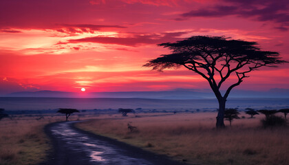 African Savanna Sunset Acacia Tree Dirt Road Pink Sky