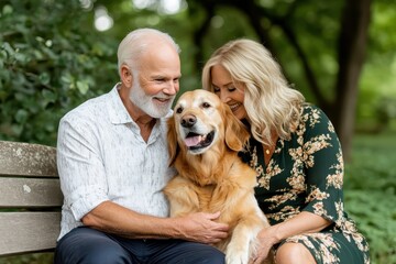 Golden Retriever With Elderly Couple Enjoying Park Life.