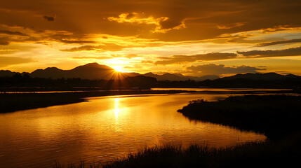 Golden hour glow over serene river landscape nature wallpaper soft shadows in background