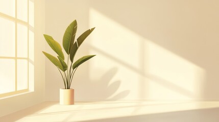 Sunlit plant in corner window, minimalist room, interior design