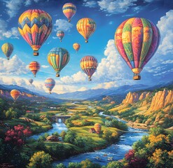 Naklejka premium Colorful Hot Air Balloons Soar Over Scenic Valley Landscape
