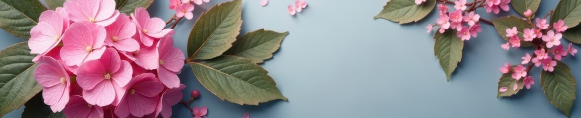 Obraz premium Intricate oak leaf & pink hydrangea bouquet on gray, vintage, design, leaves