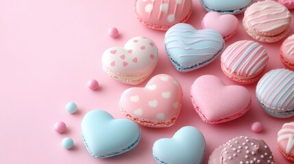 Obraz premium Deliciously Colorful Heart-Shaped Macarons on a Soft Pink Background Perfect for Any Celebration