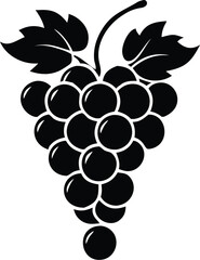 Black and White Grape Bunch Vector Illustration, Simple Silhouette of Grapes with Leaves, Fruit Icon, Food Design, Isolated Clip Art