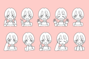 エプロンを着た若い女性のイラストセット-白背景あり線画