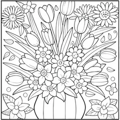 Black and White Floral Coloring Page: Detailed Bouquet of Tulips, Daisies, and Narcissus in a Vase, Adult Coloring Book