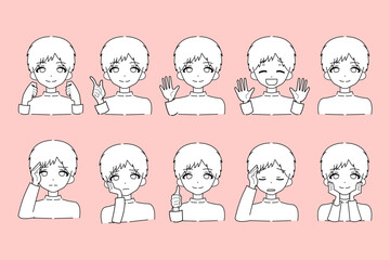 若い男性のイラストセット-白背景あり線画