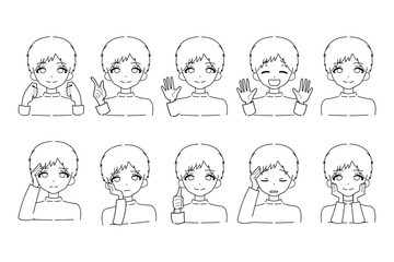 若い男性のイラストセット-線画のみ