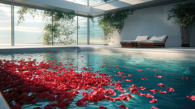 serene infinity pool adorned with rose petals, surrounded by greenery and natural light, creates tranquil atmosphere