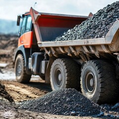Obraz premium A dump truck unloading gravel at a construction zone.