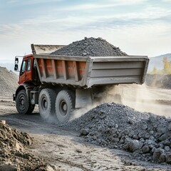 A dump truck unloading gravel at a construction zone.