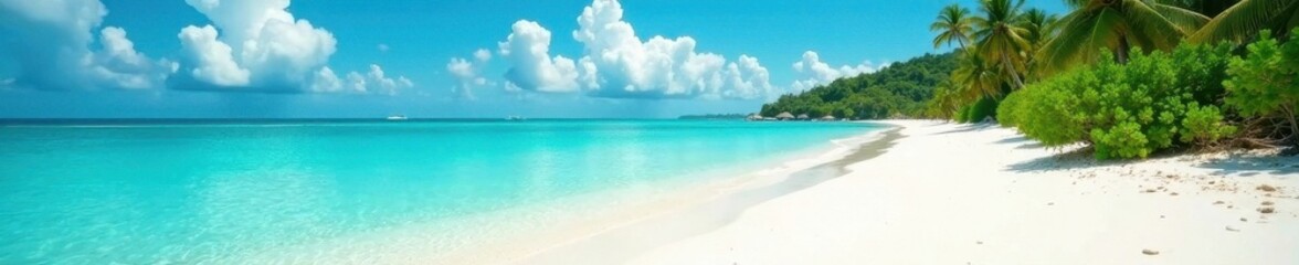 Fototapeta premium White sand, turquoise water, tropical island backdrop, bright, shore, calm