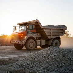 Fototapeta premium A dump truck unloading gravel at a construction zone.