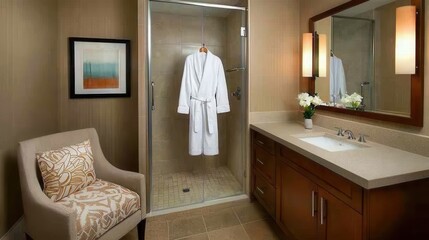 Elegant Spa-Inspired Bathroom with Plush Robe and Cozy Chair