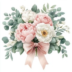 Watercolor blush and white peonies bouquet isolated on white background