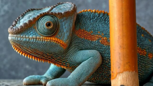Blue and orange lizard is sitting on a wooden table next to a pencil. The lizard has a curious look on its face, and the pencil is leaning against the table. The scene is simple and peaceful