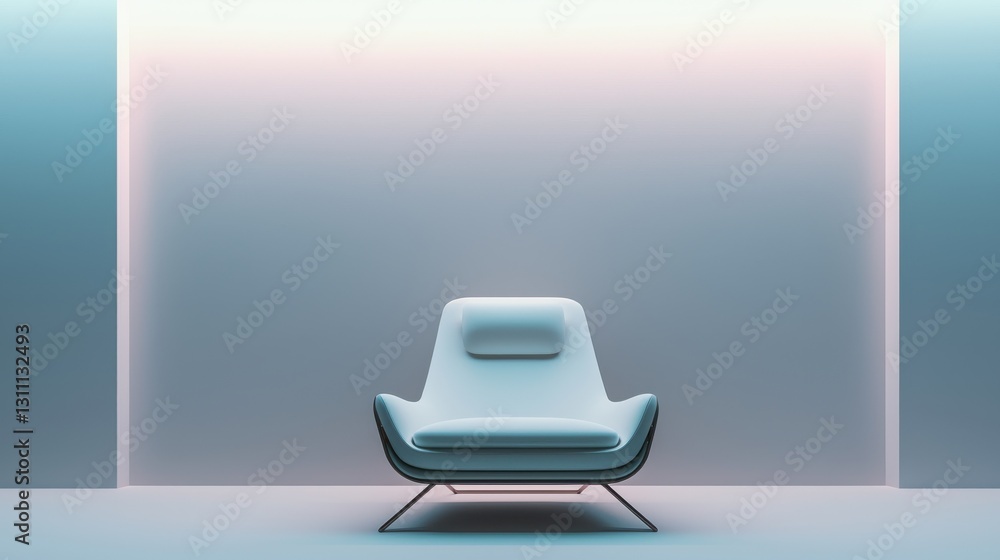 Poster a minimalist chair in a softly lit space, featuring a sleek design and calming colors, creating a tr