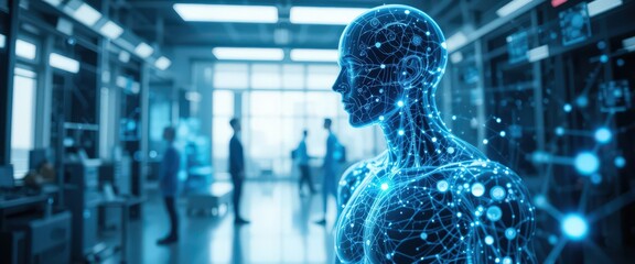 Futuristic humanoid figure with glowing blue neural connections in a high-tech office environment.