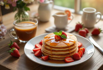 Delicious pancakes with syrup and peaches are on the wooden table, next to juicy strawberries and drinks &mdash; coffee with milk and orange juice. Flowers and natural light create comfort.