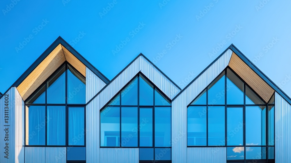 Poster a modern architectural design featuring distinct triangular roofs and large glass windows against a 