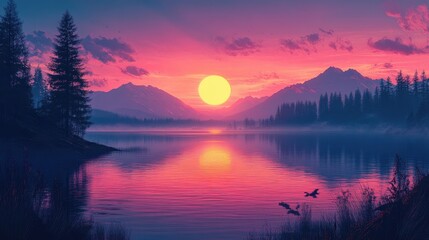 A colorful sunset over a calm lake with mountains and pine trees in the distance. inspiration.