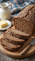 There is a still life with rye bread, sliced, and seeds on a wooden table. Next to it is a kitchen knife, a jug of milk and butter. The atmosphere of home comfort and warmth