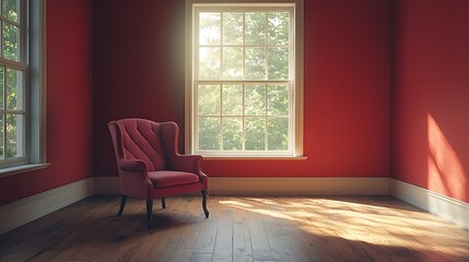 Fototapeta premium Sunlit Red Room Interior Wingback Chair Hardwood Floor Home Decor