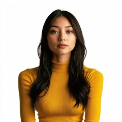 Person with warm almond skin, long jet-black hair in a sunflower yellow top with ripples, poised stance, natural radiance, full view, isolated on white background - Generative AI