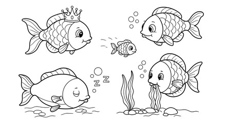 Fototapeta premium Cartoon Fish Characters in Various Poses Coloring Page Illustration