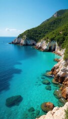 Fototapeta premium Idyllic Rab island bay Turquoise waters, rocky coast , water, serene, summer