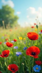 Obraz premium Poppies, cornflowers dance in a sun-drenched summer field , cornflowers, beauty