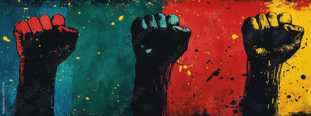 Poster powerful artistic representation of fists raised in unity symbolizing social justice and change