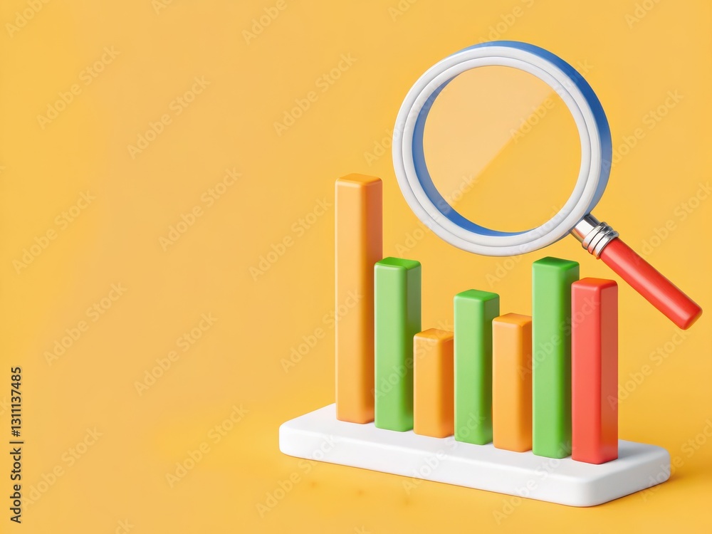 Poster colorful bar chart with magnifying glass on bright yellow background for data analysis concepts