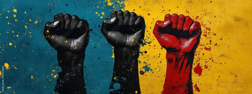 Poster a powerful representation of unity in diversity featuring raised fists symbolizing strength and resi