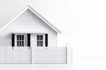 A modern white house with a picket fence against a minimalist background