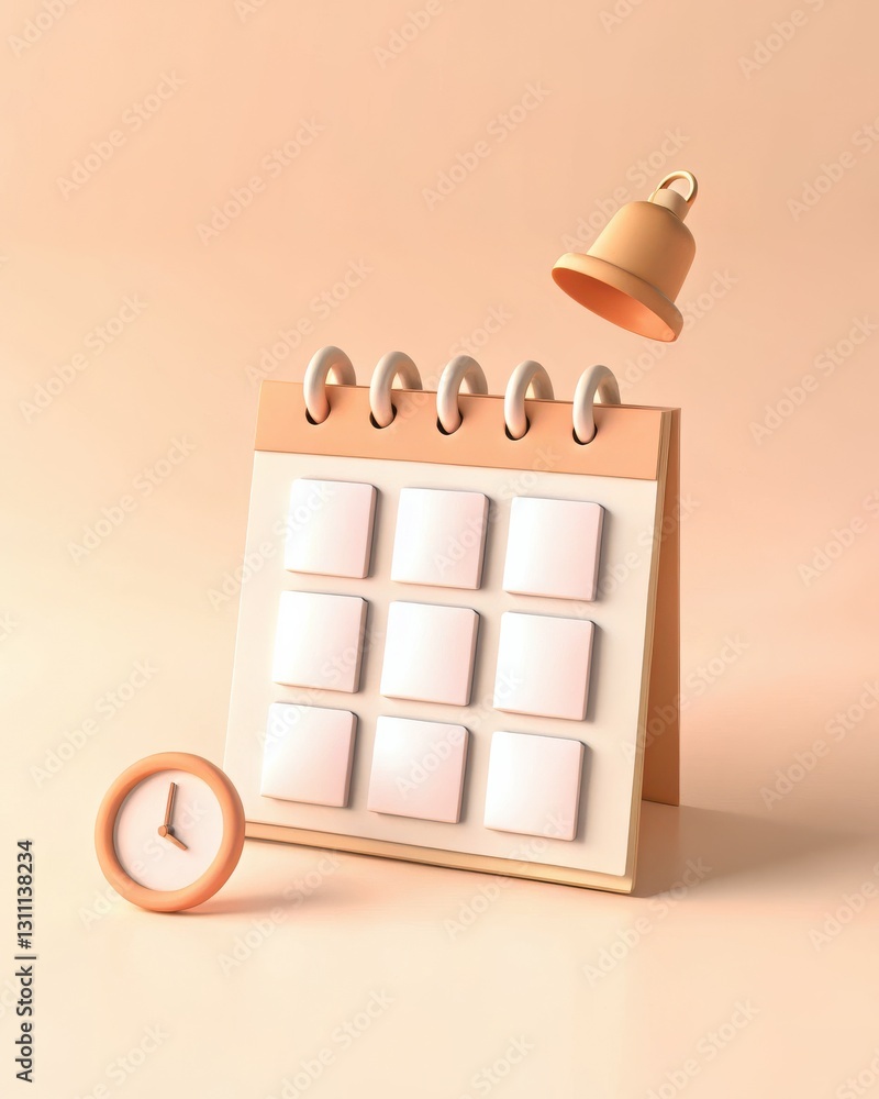 Poster minimalistic calendar with alarm bell and clock on soft peach background for time management