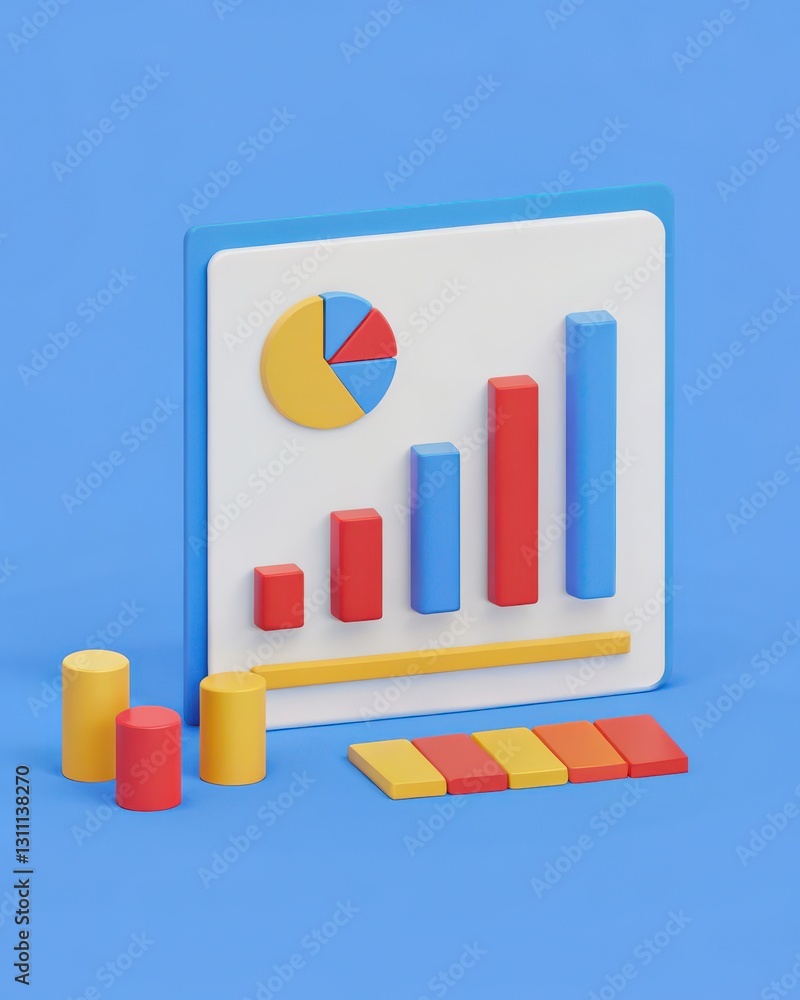 Poster colorful 3d bar chart and pie chart on blue background for data visualization and analysis