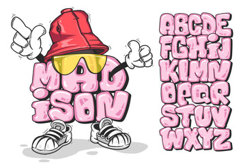 Graffiti bubble alphabet as a cool dude in a panama hat and sunglasses